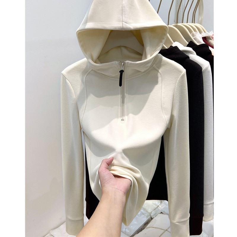 欧货新款半拉链双面德绒连帽卫衣女秋冬加绒设计感打底衫上衣帽衫