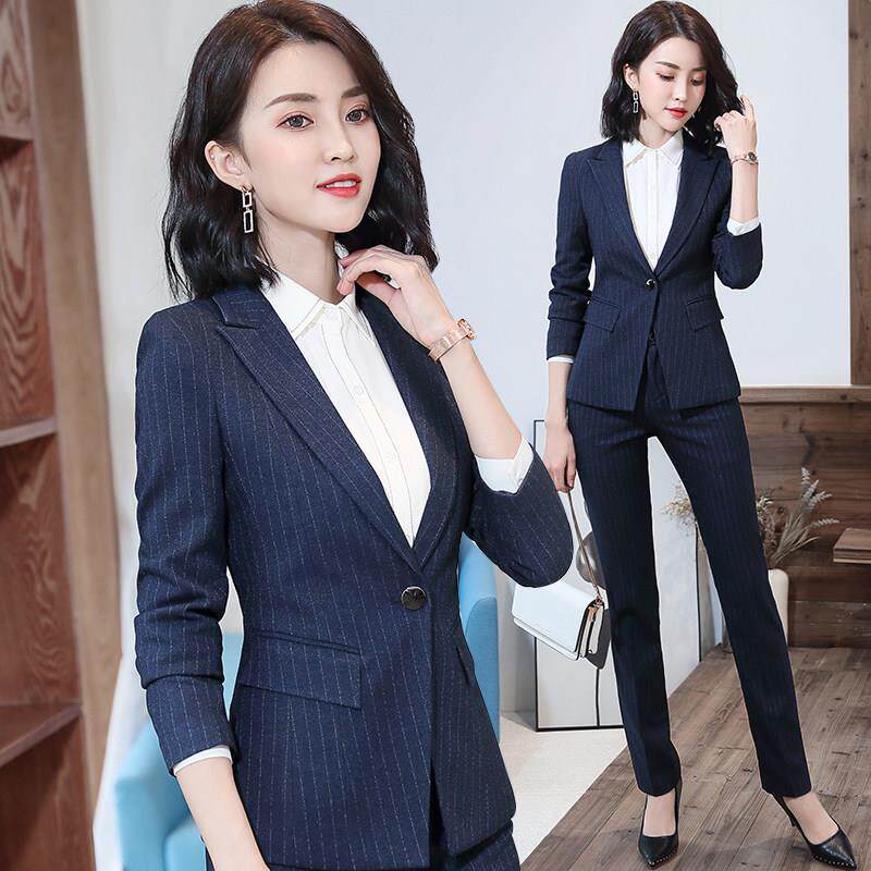 职业套装女酒店经理管理售楼部面试条纹正装酒店工作服主持人西装