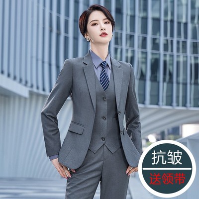 灰色西服套装女大学生面试职业修身西装外套气质正装三件套工作服