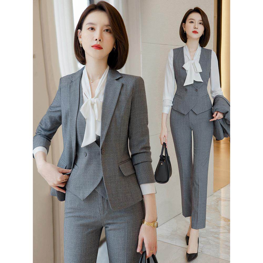 灰色西装外套女2025新款高级感职业正装套装三件套气质工装工作服