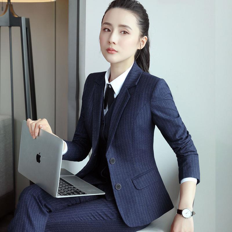 蓝色条纹西装套装女秋冬气质高端商务酒店经理职业正装外套工作服