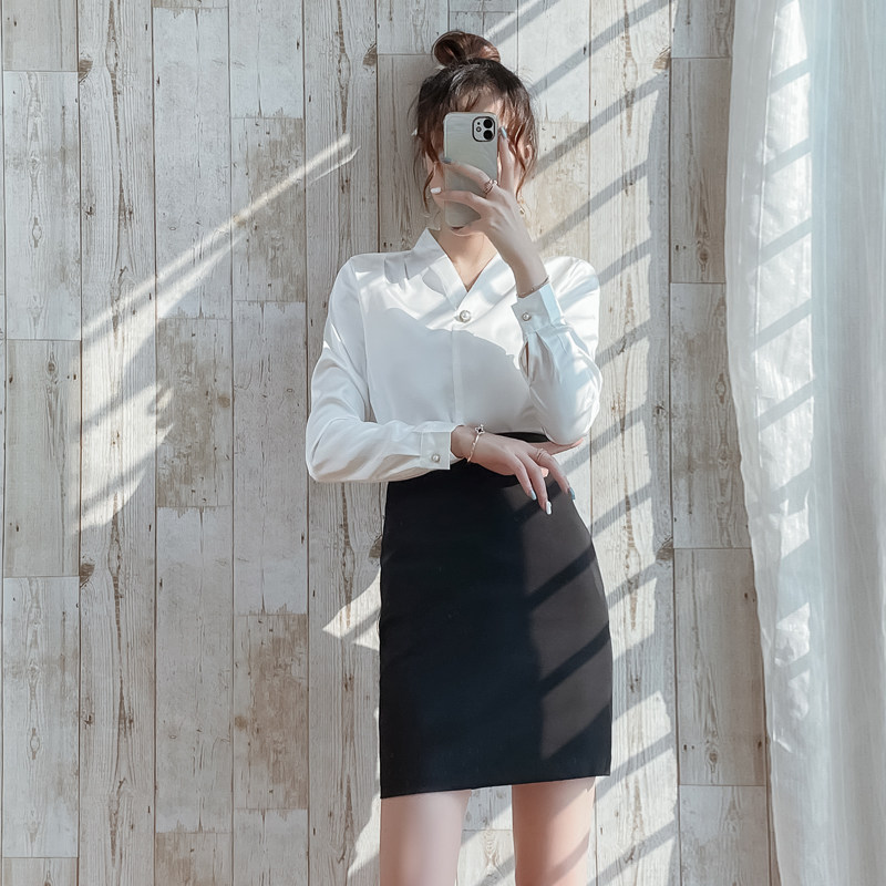 高端职业套装早秋白色长袖衬衫女V领美容师时尚气质售楼部工作服