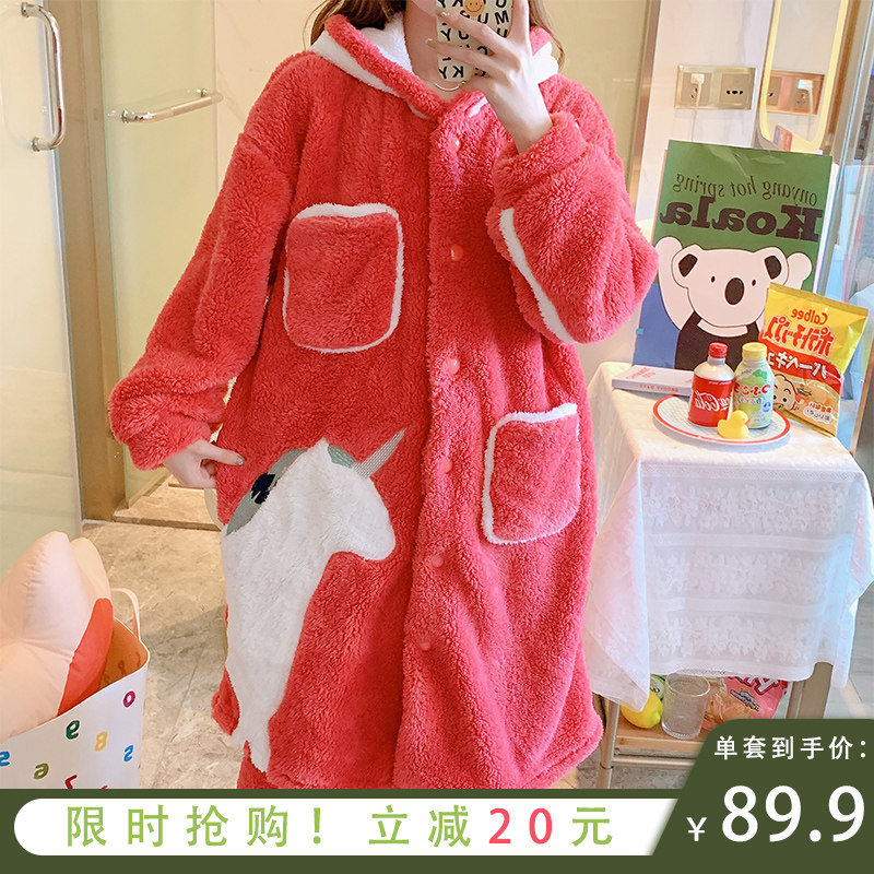 睡衣女秋冬加长款珊瑚绒睡袍加绒加厚法兰绒家居服两件套浴袍冬款