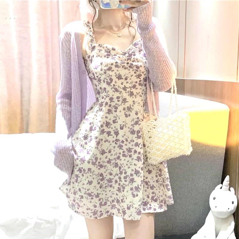 2024新款小个子法式雪纺短裙紫色碎花吊带连衣裙开衫两件套装女夏