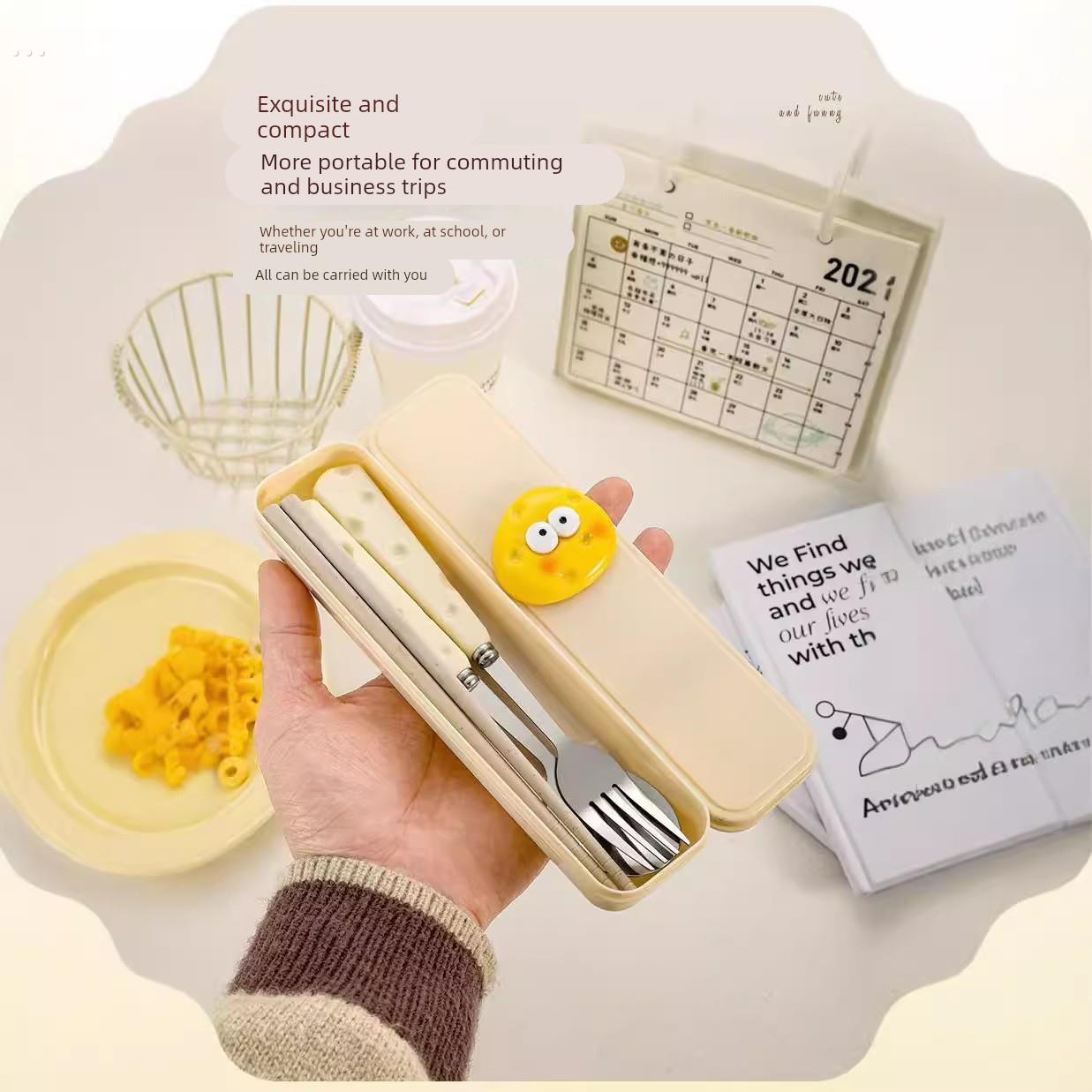 ins可爱奶酪勺子叉子筷子三件套学生儿童户外便携餐具收纳盒套装