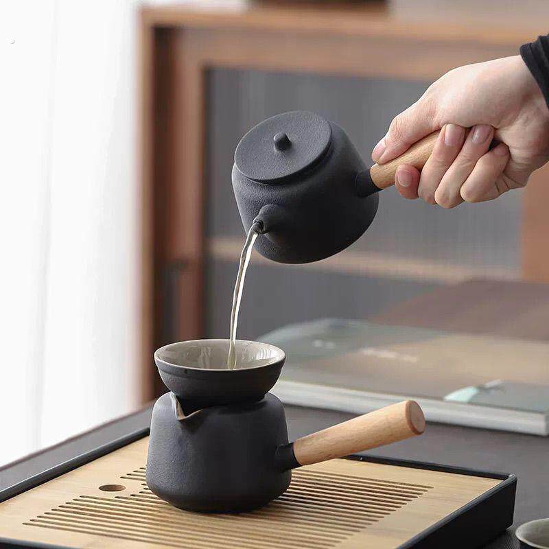 黑陶侧把壶公道杯三件套家用小茶壶茶漏滤网一体办公室泡茶小套装