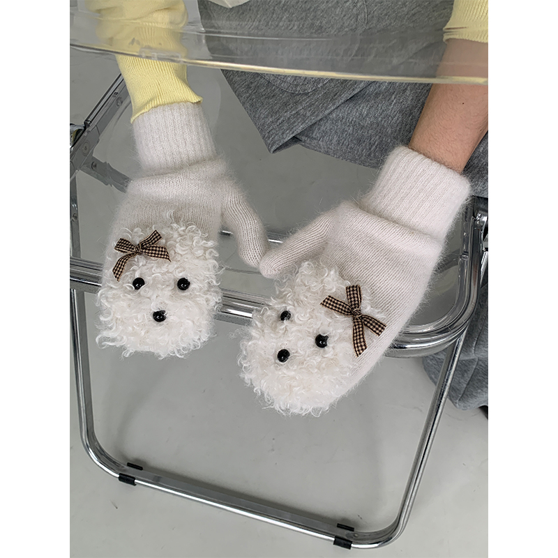 秋冬加厚毛绒连指针织骑行手套