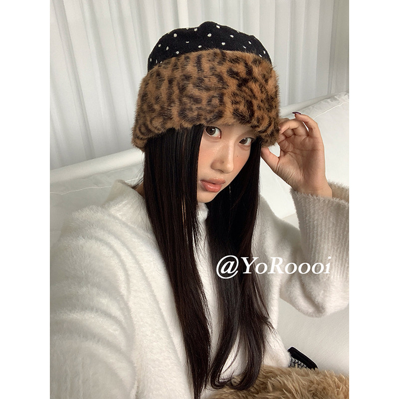 复古豹纹波点保暖防风渔夫帽百搭