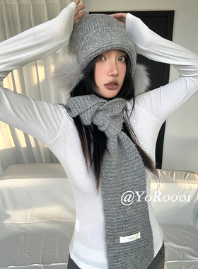 YoRoooi 自制秋冬灰色毛球针织毛线连帽围巾一体帽子羊毛宽檐盆帽
