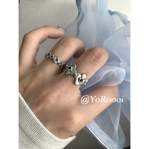 韩系小众设计感磨砂花朵开口戒指