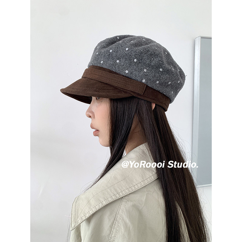 【新品限时88折】YoRoooi 小众韩系毛呢波点贝雷帽秋冬保暖画家帽