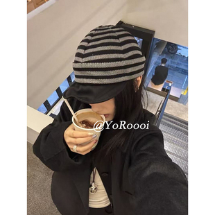 韩系复古条纹短檐褶皱贝雷帽设计感显脸小报童帽鸭舌帽女 YoRoooi