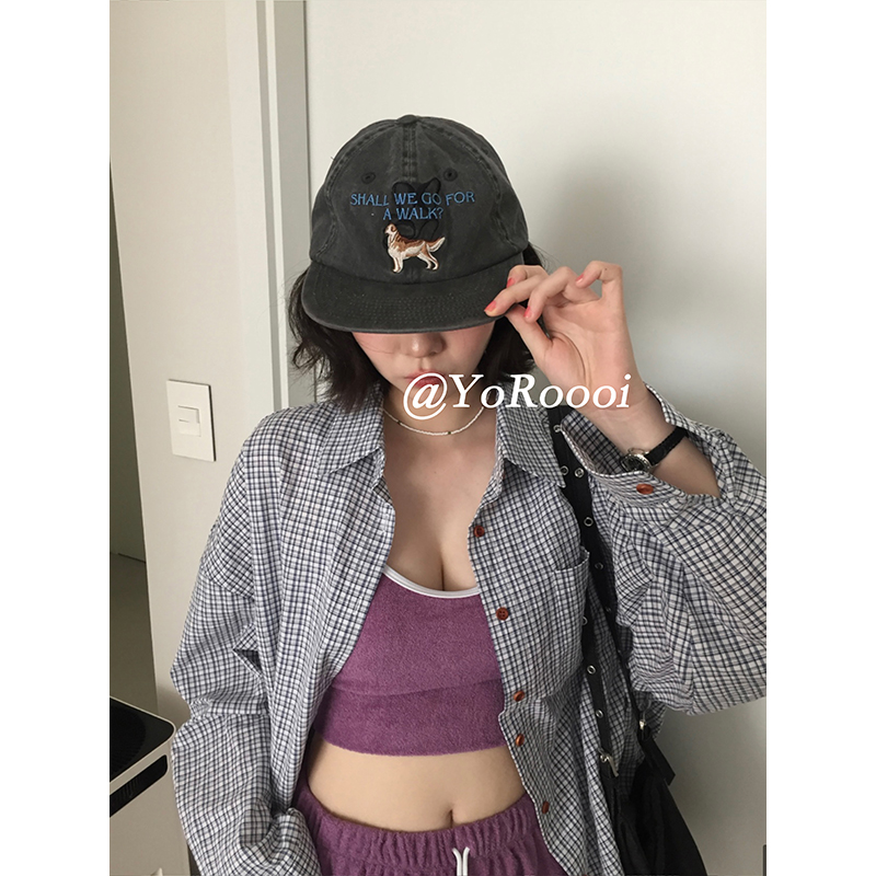 复古做旧刺绣小狗平沿遮阳棒球帽