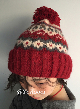 YoRoooi 费尔岛红色大头围休闲加厚保暖复古毛线帽可爱护耳针织帽