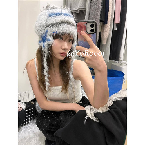 韩版毛绒兔耳星星针织帽子冬季