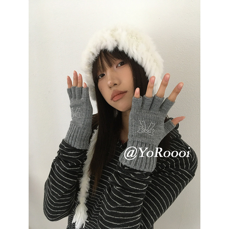 烫钻基础蝴蝶结百搭露指半指手套