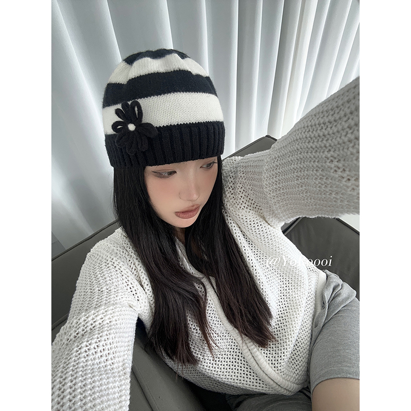 小众设计款花朵针织帽包头帽冷帽