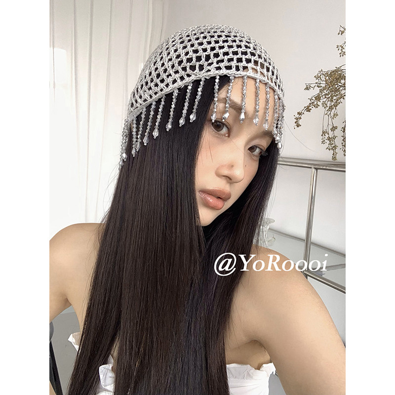 YoRoooi 自制韩系ins小众设计复古手工镂空亮片流苏帽串珠头饰女