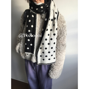 YoRoooi 韩系ins波点黑白羊毛针织双面围巾百搭保暖氛围感围脖女