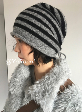YoRoooi 冬季新款撞色条纹复古百搭针织毛线帽显脸小蝴蝶结绑带帽