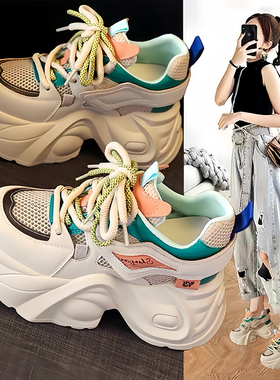老爹鞋女夏季薄款透气2025年潮鞋网纱厚底小个子内增高运动休闲鞋
