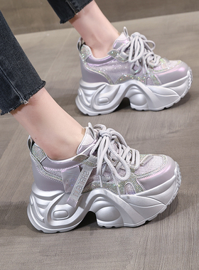 网红水钻老爹鞋女透网透气2025夏季爆款厚底运动休闲内增高小白鞋