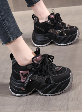水钻网面老爹鞋女内增高2025秋季新款超高跟小个子厚底运动休闲鞋