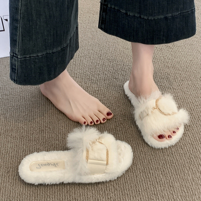 法式平底毛毛拖鞋女外穿2025新款秋冬懒人外出居家加绒一字棉拖鞋