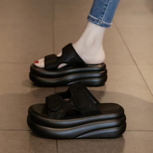 厚底松糕凉拖鞋 女夏外穿2025新款 时尚 超火增高配裙子一字沙滩凉鞋