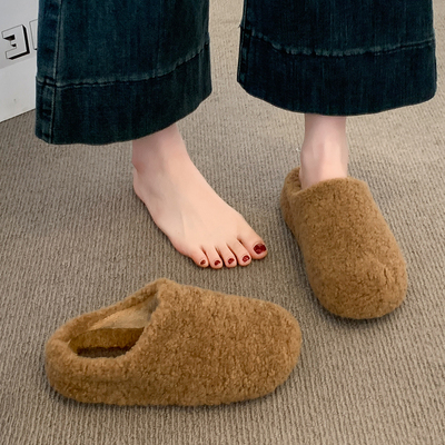 厚底毛毛拖鞋女外穿2025秋冬新款一脚蹬加绒雪地靴孕妇包头棉拖鞋
