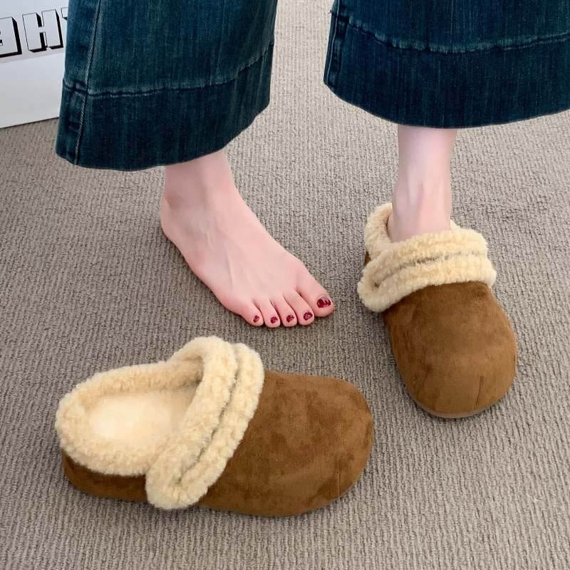 厚底加绒勃肯鞋包头毛毛半拖鞋女外穿2025秋冬新款加厚保暖棉拖鞋