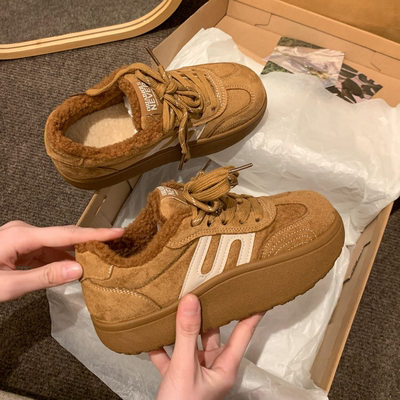 加绒德训鞋女款2025冬季新款厚底保暖毛毛棉鞋复古百搭运动休闲鞋