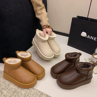 皮毛一体加厚短筒东北大棉鞋 冬季 2025新款 厚底防水皮面雪地靴女款