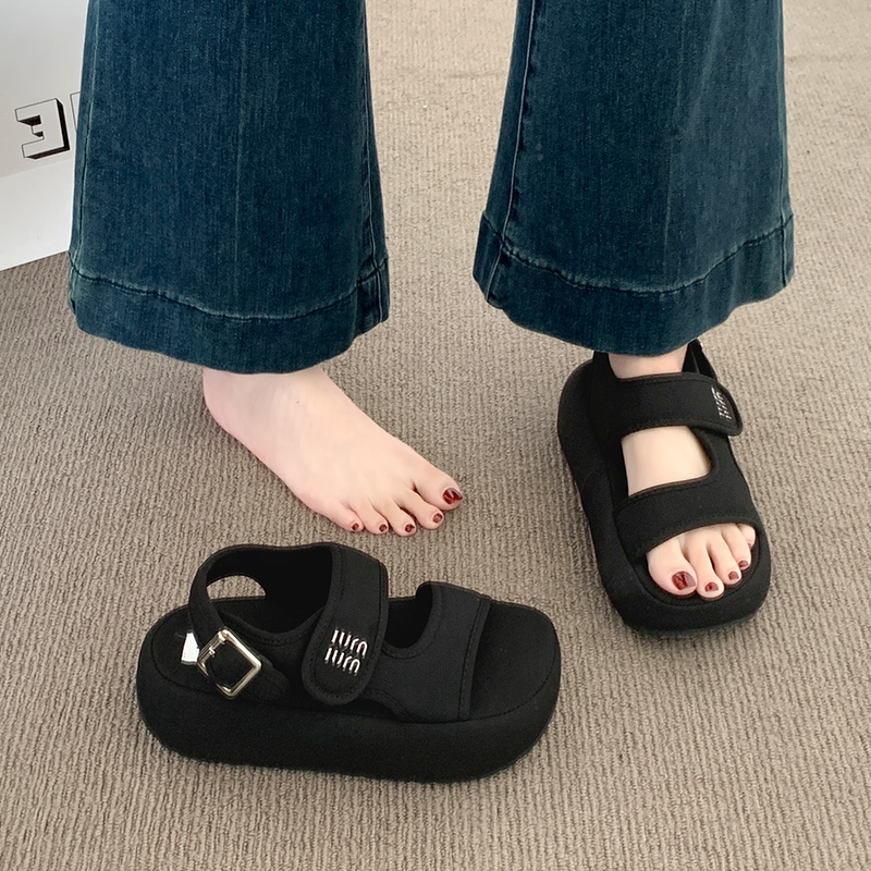 松糕厚底增高罗马凉鞋女2025新款夏季配裙子魔术贴露趾海边沙滩鞋