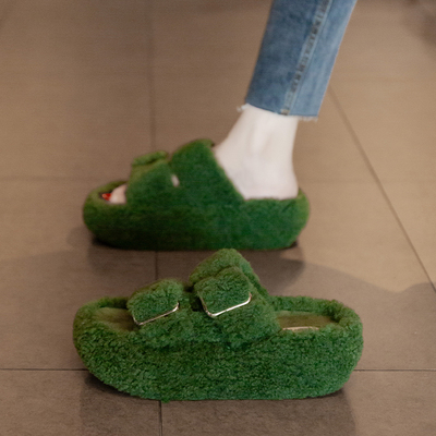 厚底增高小个子毛毛拖鞋女外穿2025新款秋冬时尚孕妇毛茸茸棉拖鞋