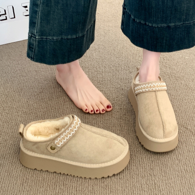 厚底增高加绒勃肯鞋2025新款冬季一脚蹬包头半拖毛毛棉拖鞋女外穿