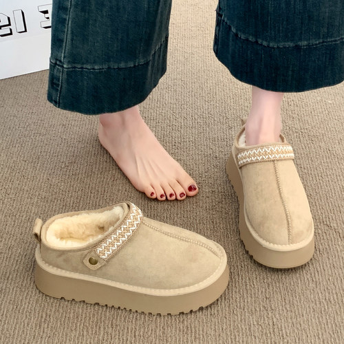 厚底增高加绒勃肯鞋2025新款冬季一脚蹬包头半拖毛毛棉拖鞋女外穿