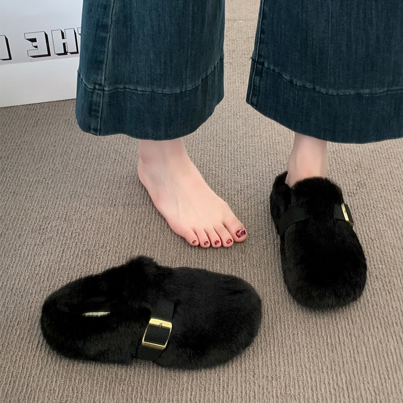 厚底加绒勃肯包头毛毛拖鞋女外穿2025秋冬新款网红一脚蹬保暖棉拖