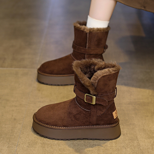 毛毛加厚棉鞋 厚底皮毛一体加绒保暖翻口中筒雪地靴女2025冬季 新款