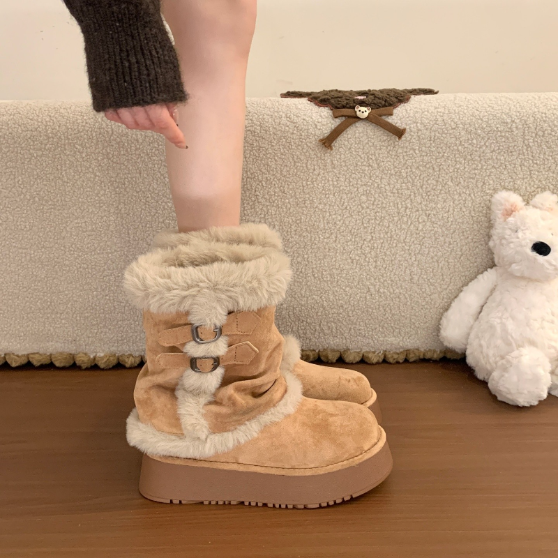 厚底毛毛雪地靴女冬季2025新款加绒加厚保暖短靴子中筒东北大棉鞋
