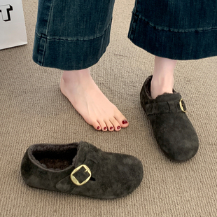 灰色厚底加绒全包勃肯鞋一脚蹬毛毛鞋女2025新款冬保暖雪地靴棉鞋