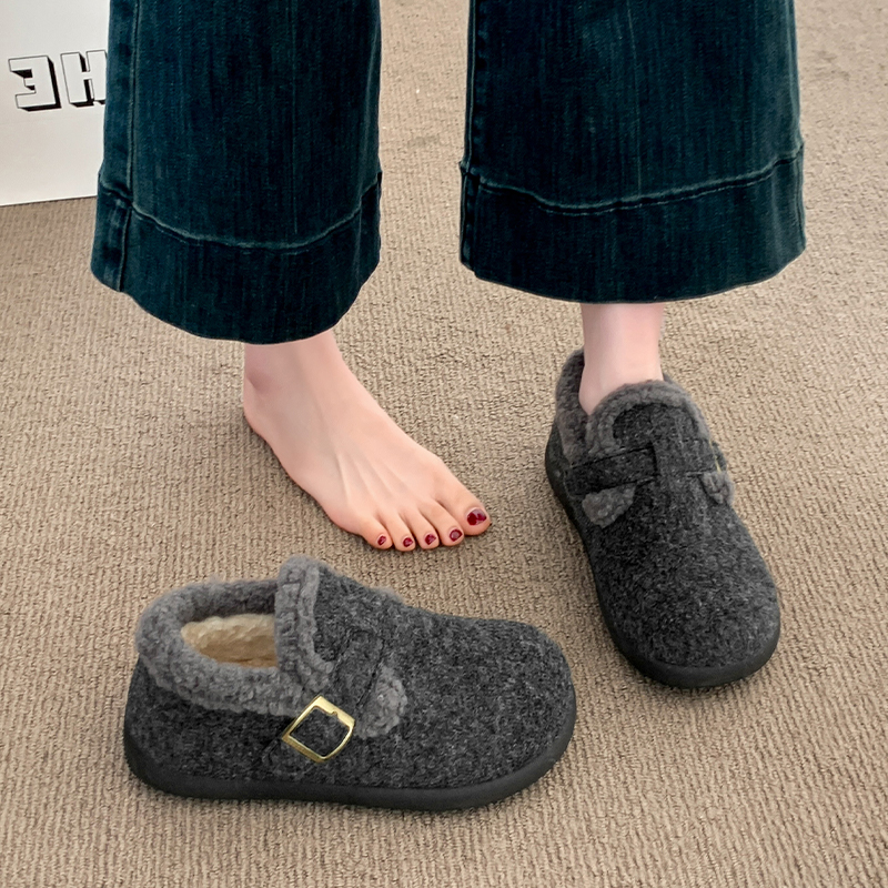 厚底灰色加绒豆豆勃肯鞋女冬2025新款毛毛鞋子保暖乐福棉鞋雪地靴