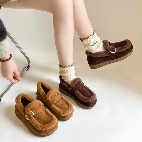 厚底加绒勃肯鞋女款2025冬季新款保暖毛毛鞋百搭一脚蹬乐福棉鞋子