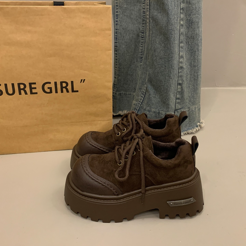 厚底英伦风小皮鞋女2025冬季新款复古勃肯鞋加绒保暖大头系带棉鞋