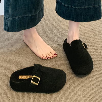 厚底内增高加绒勃肯鞋包头棉拖鞋女外穿2025新款冬季毛毛半拖棉鞋