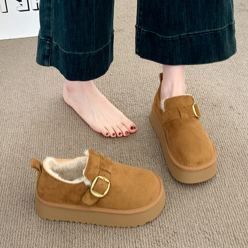 厚底加绒毛毛勃肯鞋女款2025冬季新款乐福鞋复古豆豆棉鞋子雪地靴