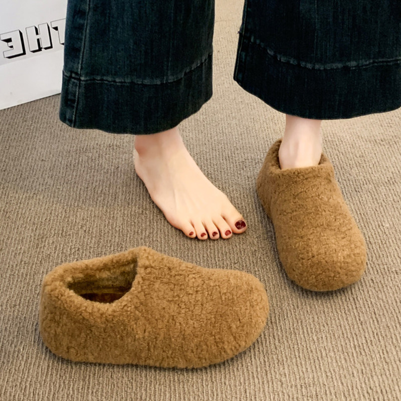 厚底勃肯毛毛鞋女2025冬季新款一脚蹬雪地靴加绒豆豆鞋保暖棉鞋子