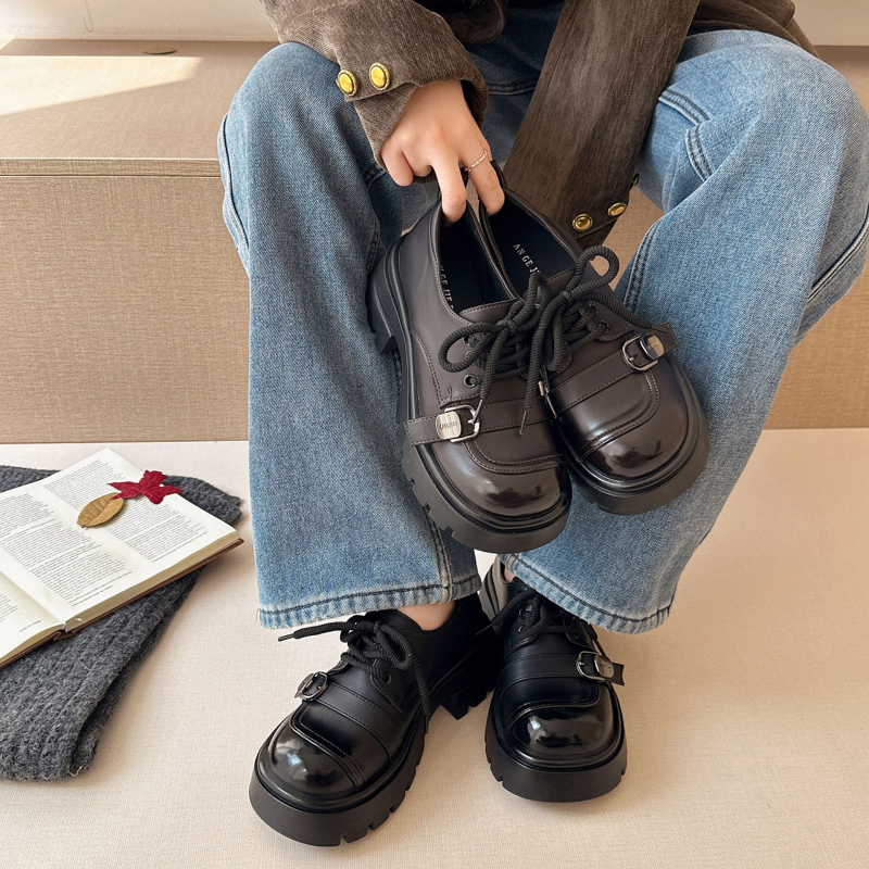 英伦风厚底乐福鞋女款2026春季新款系带粗跟单鞋增高配裙子小皮鞋,女鞋,深口单鞋,淘宝优惠券,粉丝福利购,淘宝优惠卷