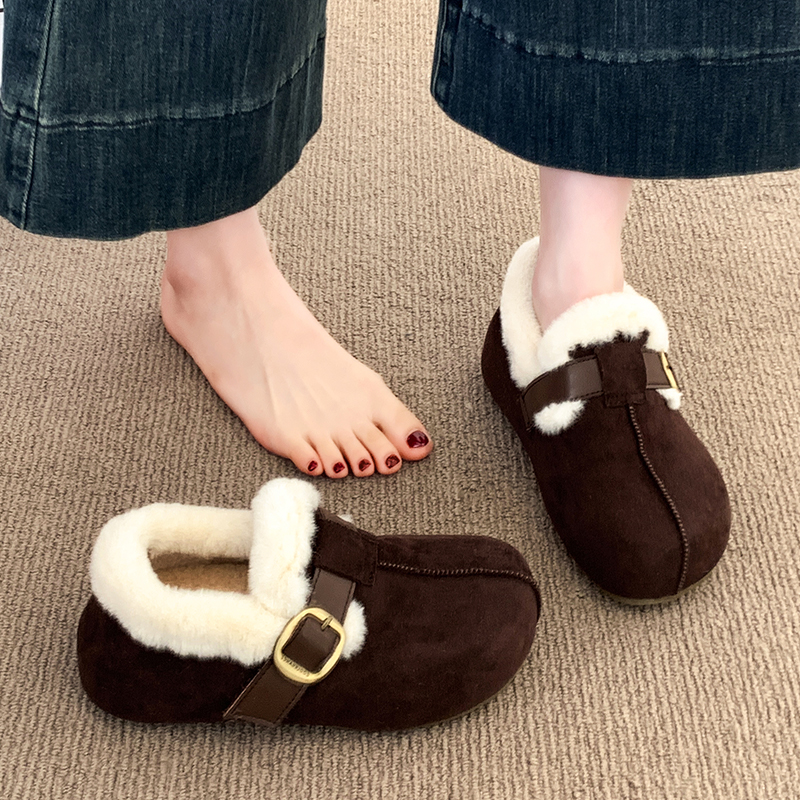 厚底加绒勃肯鞋女雪地靴2025新款冬季一脚蹬豆豆鞋保暖毛毛棉鞋子