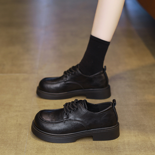 厚底黑色小皮鞋女款2026新款春季复古百搭jk配裙子系带圆头乐福鞋